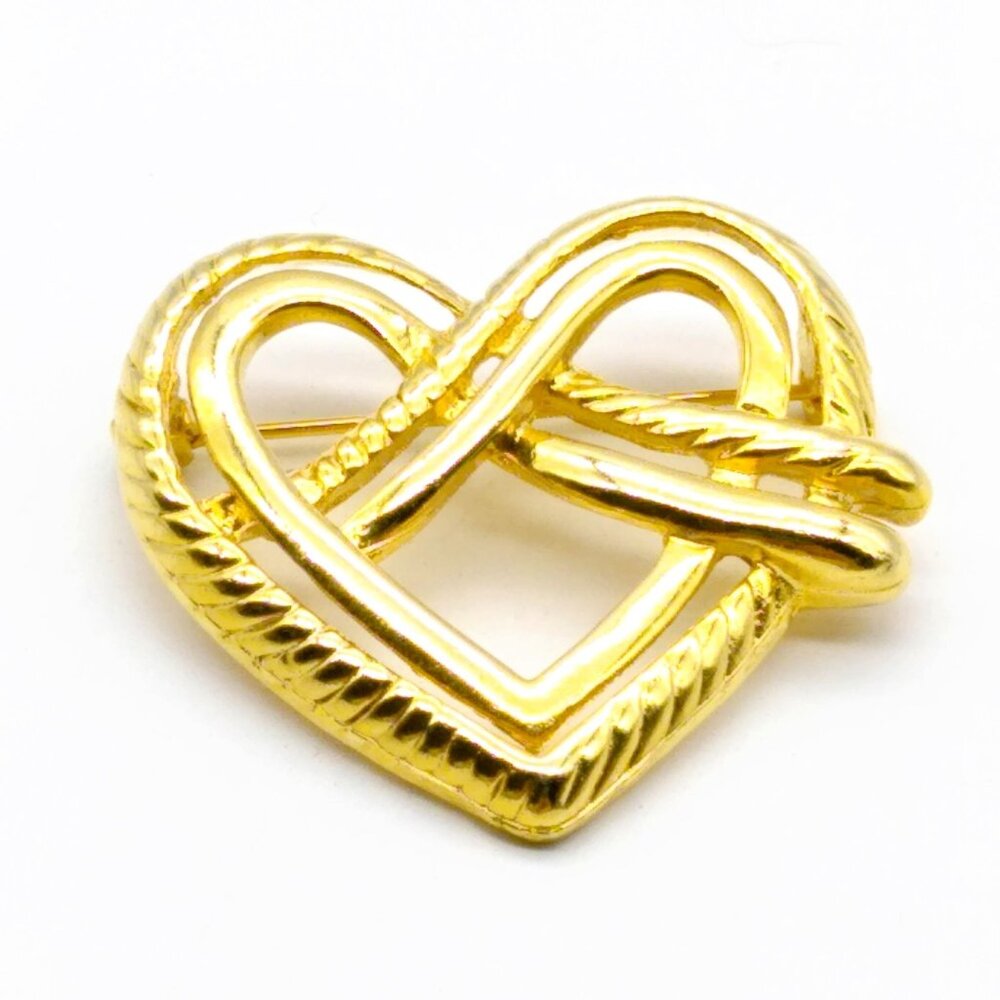 Vintage Heart Brooch with Whimsical Pretzel Twist, Gold Tone